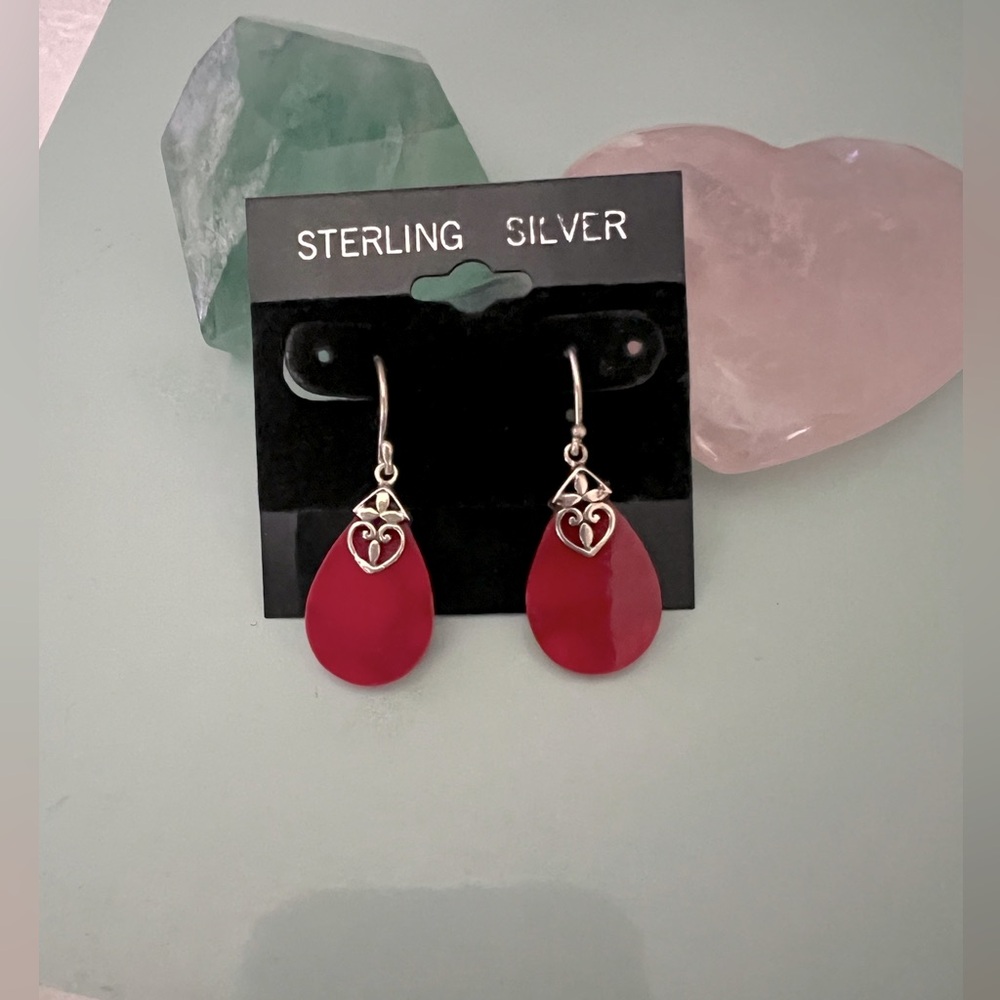 Vintage Coral Anika Witt Indonesia Sterling Red Teardrop Earrings Fine Jewelry